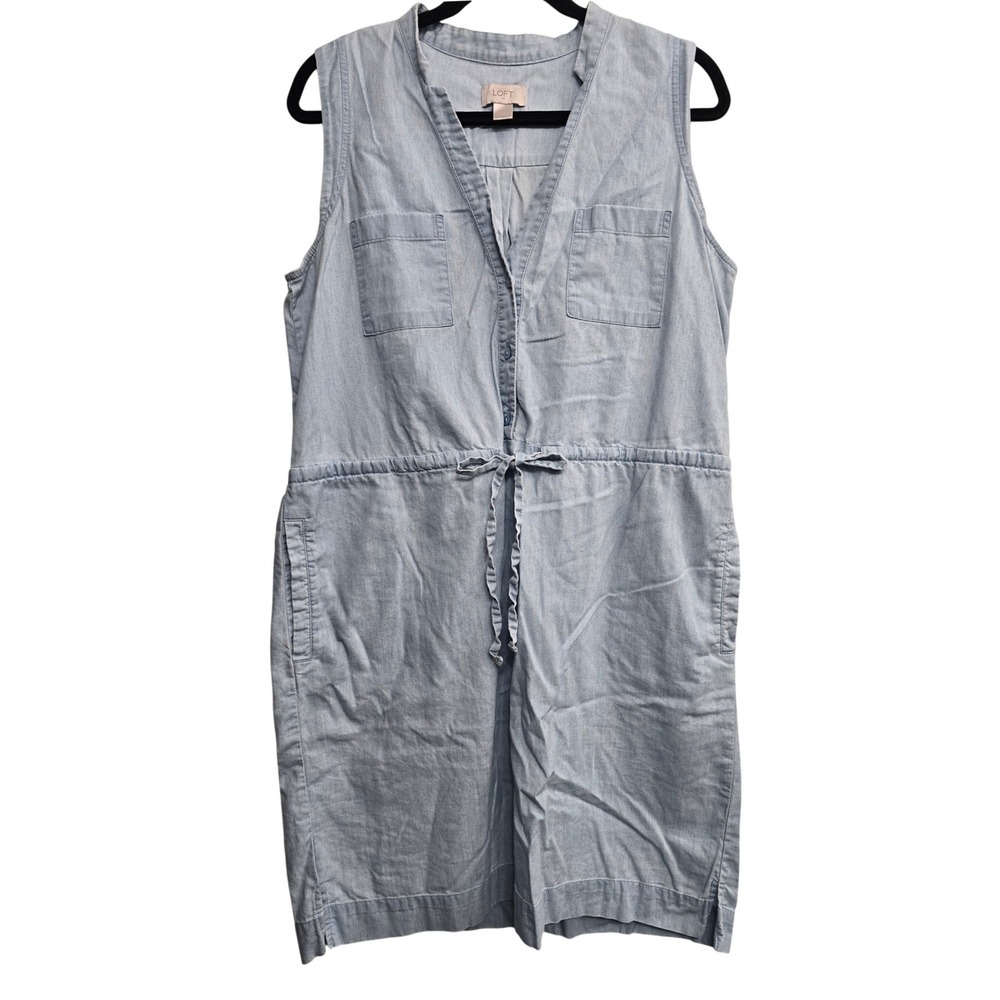 LOFT Chambray Denim Dress L Sleeveless Casual Minimalist Coastal Cottagecore